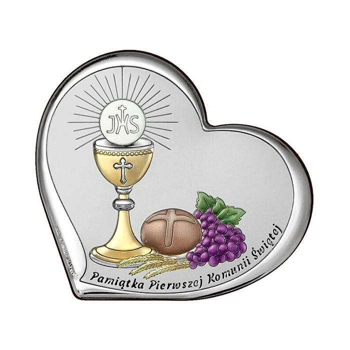 Obrazek srebrny na komunię w sercu srebrna pamiątka z grawerem Beltrami