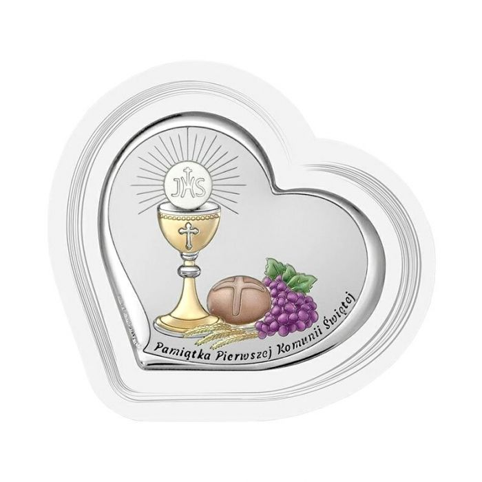 Obrazek srebrny na komunię w sercu na białym drewnie z grawerem Beltrami