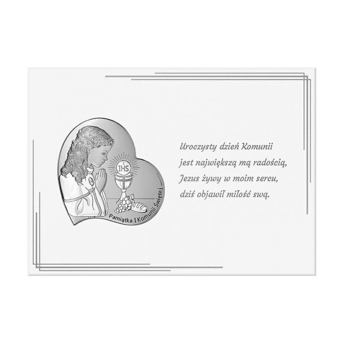 Pamiątka I Komunii dla dziewczynki panel ze srebrnym obrazkiem z grawerem Beltrami