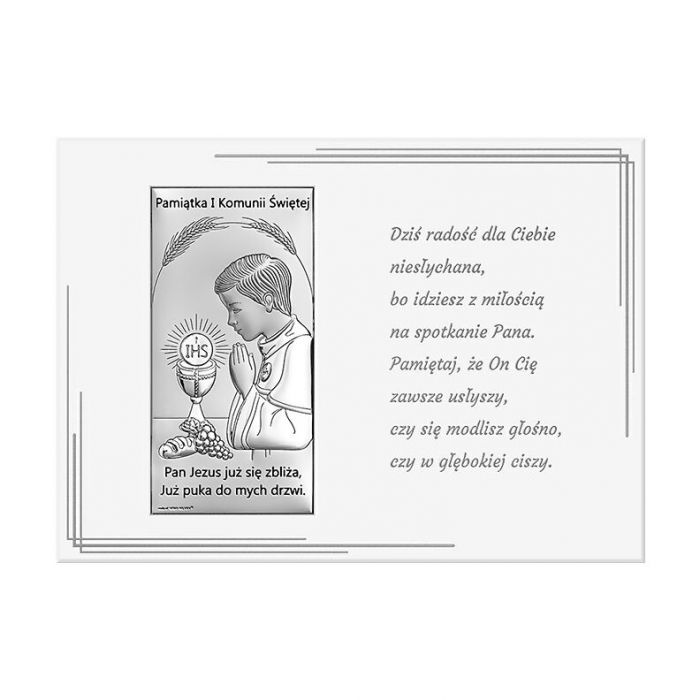 Pamiątka I Komunii dla chłopca panel ze srebrnym obrazkiem z grawerem Beltrami