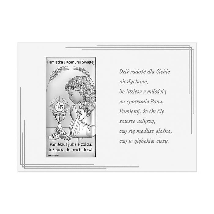 Pamiątka I Komunii dla dziewczynki panel ze srebrnym obrazkiem z grawerem Beltrami