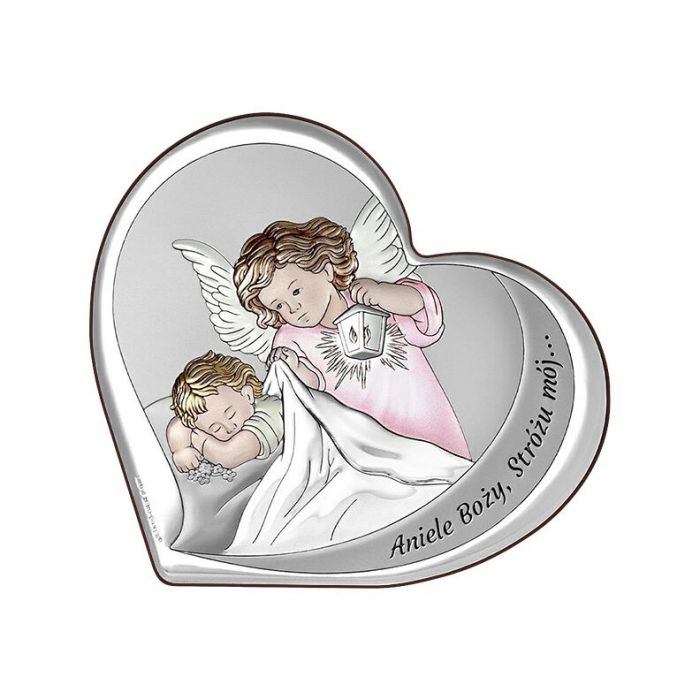 Obrazek Aniołek na Chrzest obrazek srebrny kolorowy z grawerem Beltrami