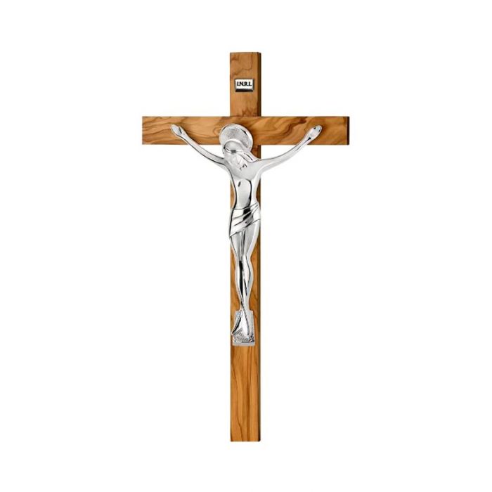 Drewniany krzyż na ścianę ze srebrnym Jezusem z grawerem Valenti & Co