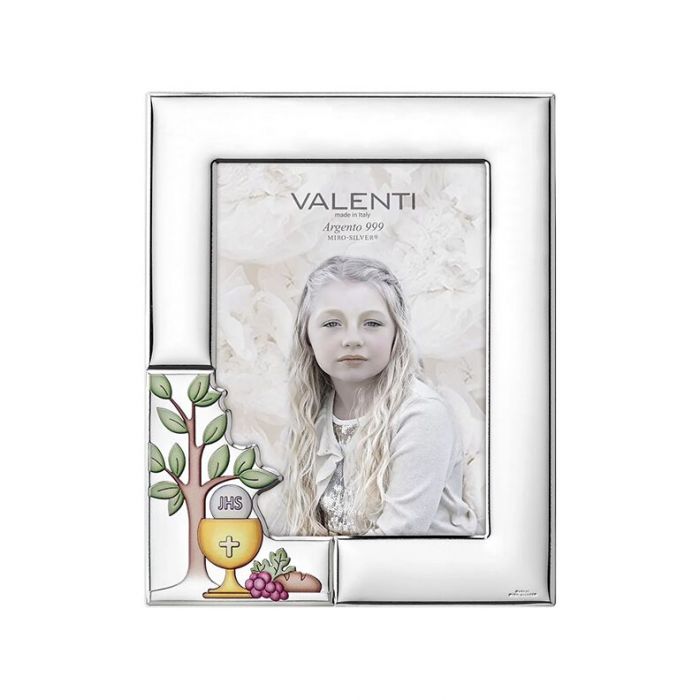 Ramka srebrna na komunię z kolorowymi akcentami z grawerem Valenti & Co