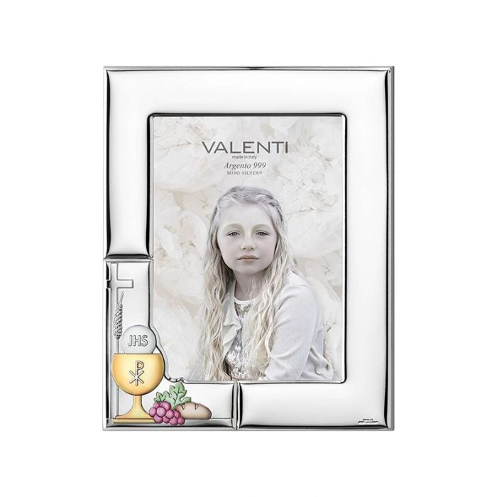 Ramka srebrna na komunię z kolorowymi akcentami z grawerem Valenti & Co