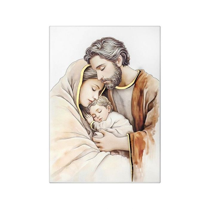 Św. Rodzina obrazek malowany na białym drewnie ze złoceniami z grawerem Iconic