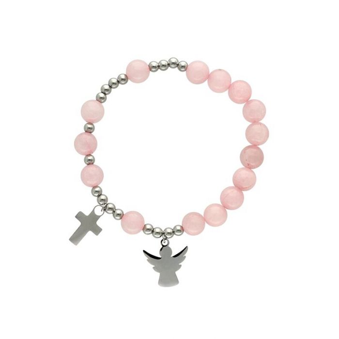 Różaniec na chrzest, komunię różowy dla dziewczynki z grawerem Yvon