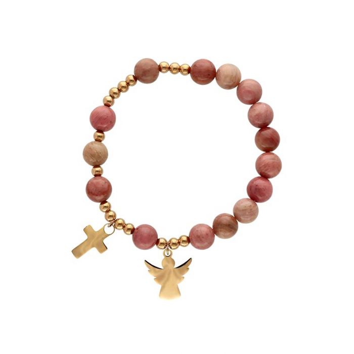 Różaniec na komunię, chrzest bransoletka w tonacji beżu i czerwieni z grawerem Yvon