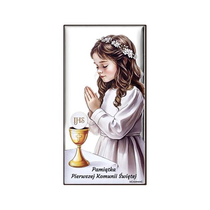 Obrazek na Komunię dla dziewczynki na aluminiowej podstawie z grawerem Iconic