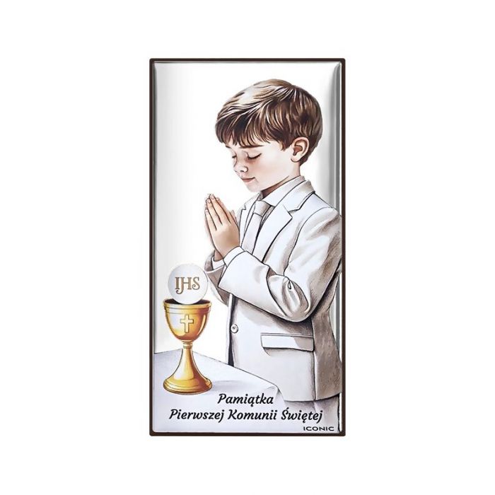 Obrazek na Komunię dla chłopca na aluminiowej podstawie z grawerem Iconic
