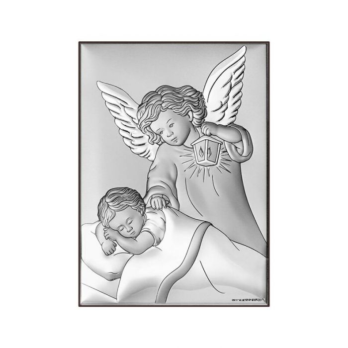 Aniołek nad dzieckiem Obrazek srebrny z aniołkiem z grawerem Beltrami