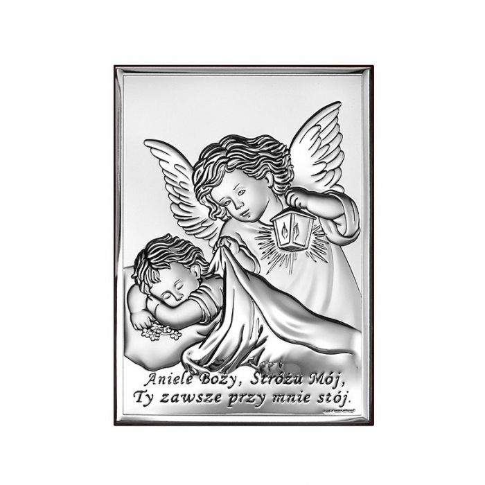 Aniołki nad dzieckiem Obrazek srebrny na Chrzest z grawerem Beltrami